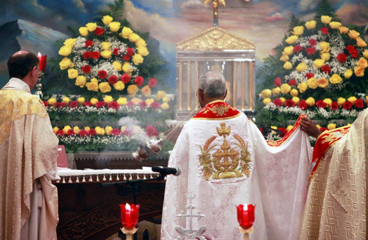 During the Eucharistic Prayer, Bishop Jacob Angadiath censes the high altar.
