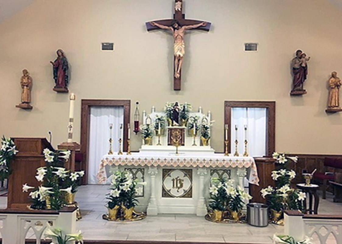 The altar at St. Francis of Assisi Church in Jefferson is decorated for Easter (Photo by Patrick Hession, correspondent)