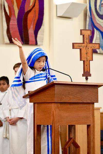 WINSTON-SALEM — Kindergarten All Saints' Day liturgy at Our Lady of Mercy School. A kindergartner dressed as Mother Teresa. (Photos provided by Katrina Capistrano)