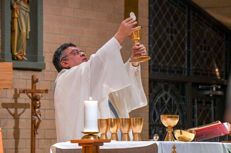 Father Alex Ayala, pastor, elevates the Host during the Easter Vigil at St. William Church in Murphy April 20. (Photo by Phil Roche)