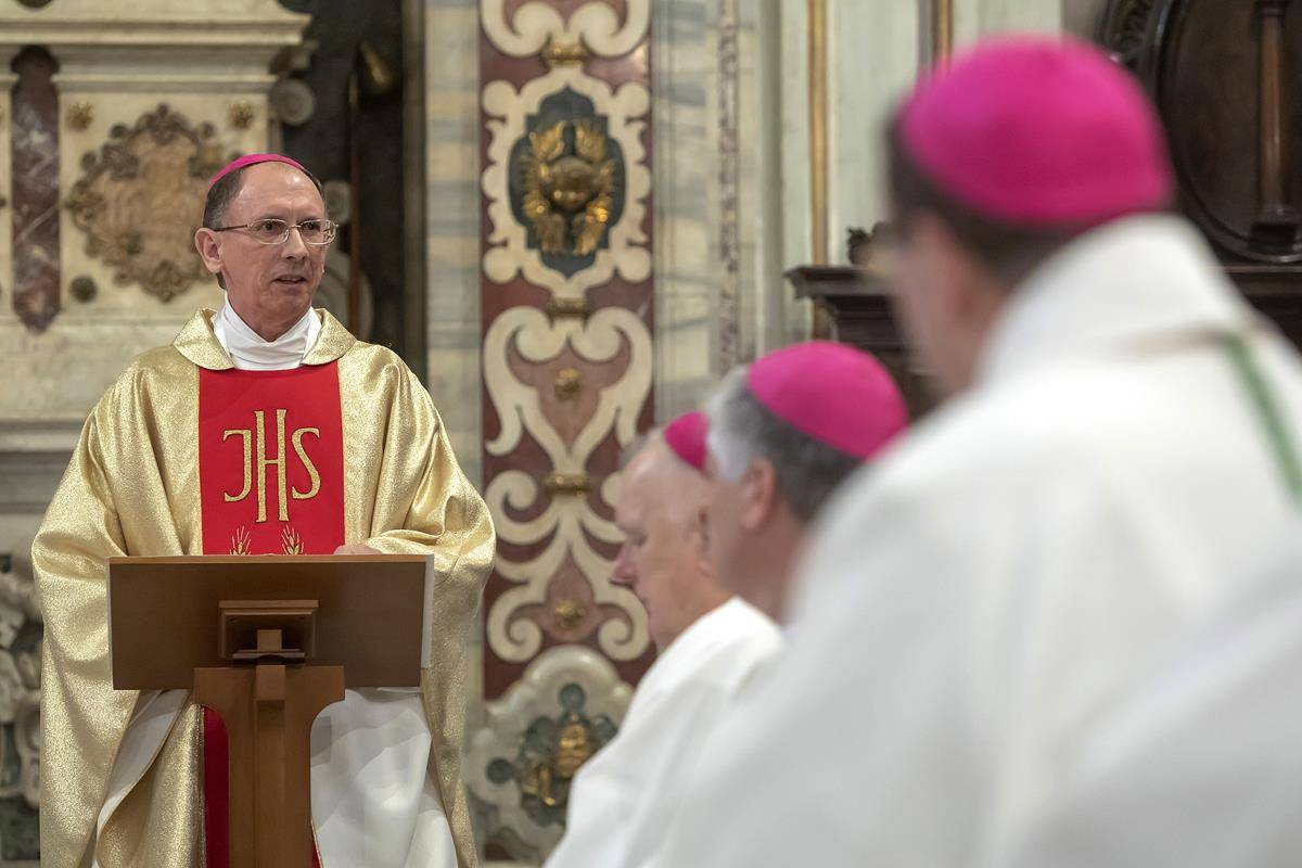 Bishop Peter J. Jugis of Charlotte, N.C., gives the homily as U.S. bishops from Florida, Georgia, North Carolina and South Carolina concelebrate Mass at the Basilica of St. John Lateran in Rome Feb. 10, 2020. (CNS photo/Stefano Dal Pozzolo)