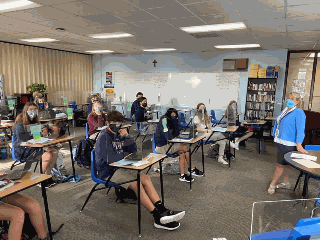 CHARLOTTE — Holy Trinity Middle School students returned to school in staggered teams. (Photos via Facebook)