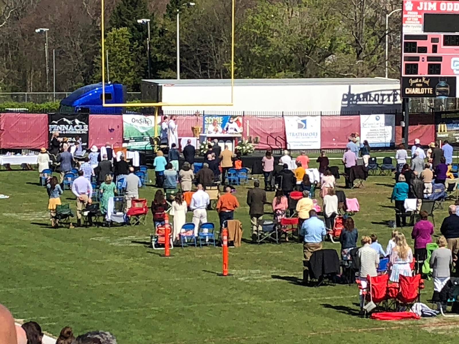 St. Matthew Church – which is one of the largest Catholic parishes in the United States – offered Easter Sunday Mass April 4 at Charlotte Catholic High School’s football stadium, where more than a thousand parishioners could be safely accommodated.