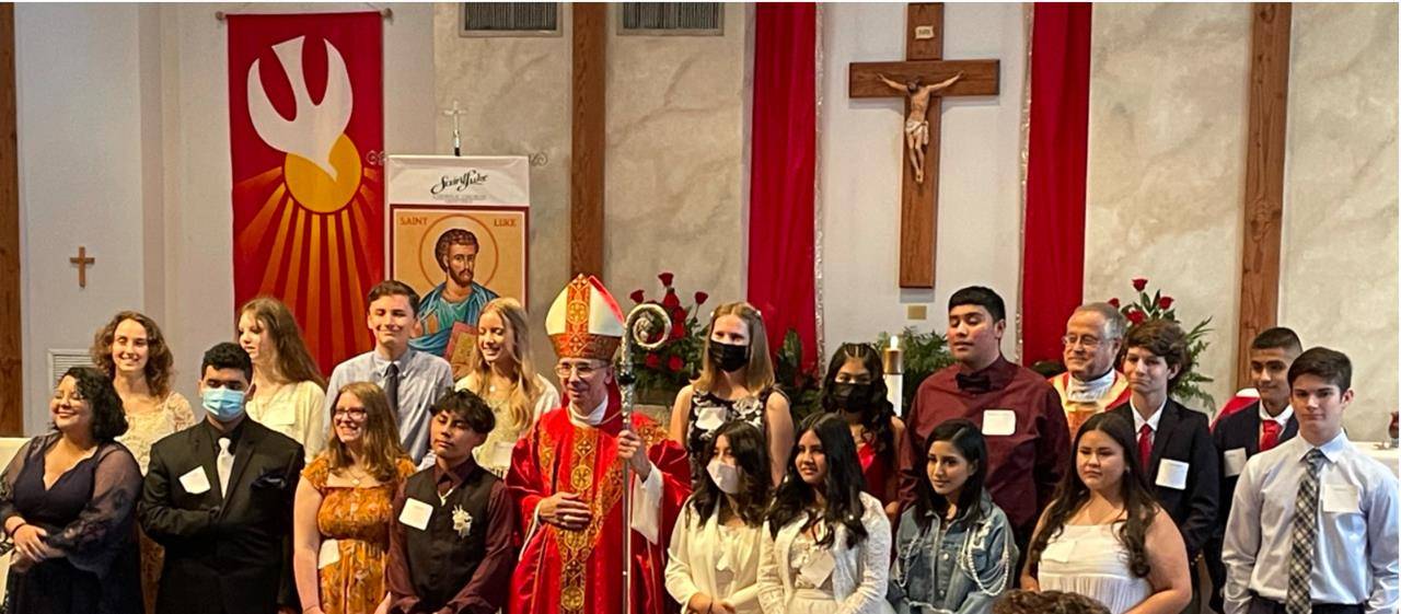 MINT HILL — Eighteen youth at St. Luke Church recently received the sacrament of confirmation from Bishop Peter Jugis. (Photo provided by Bob Hayes)