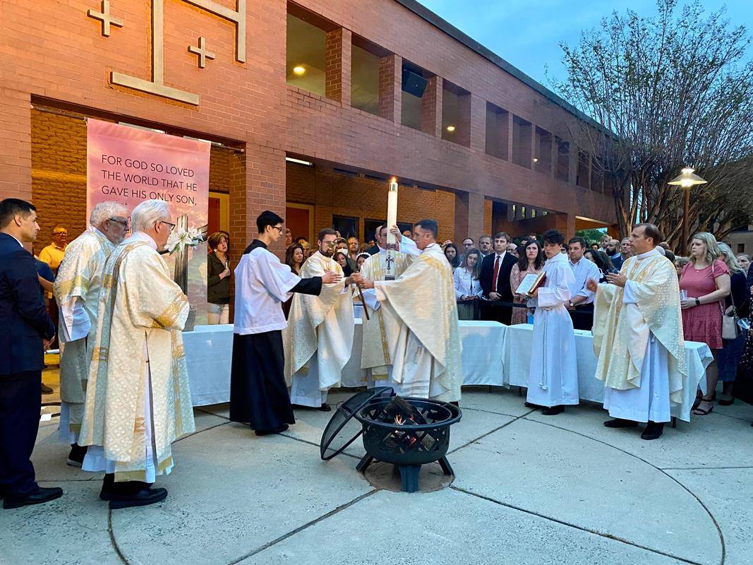 The light of Christ, rising in glory at the start of the Easter Vigil at St. Gabriel Church in Charlotte. (Photo via Facebook).