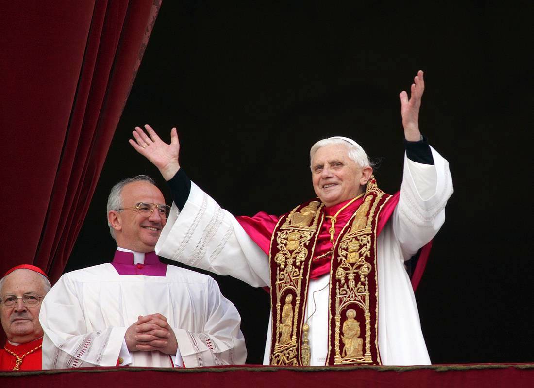 Pope Benedict XVI appears on the central balcony of St. Peter's Basilica at the Vatican after his election April 19, 2005. Pope Benedict died Dec. 31, 2022, at the age of 95 in his residence at the Vatican. (CNS photo/Max Rossi, Reuters)
