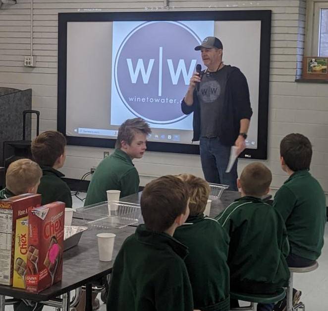 For Monday’s Catholic School’s Week theme of Community, Mr. Doughty came and talked with kindergarten and fifth-grade students about Wine to Water, a global organization providing clean water to those in need.