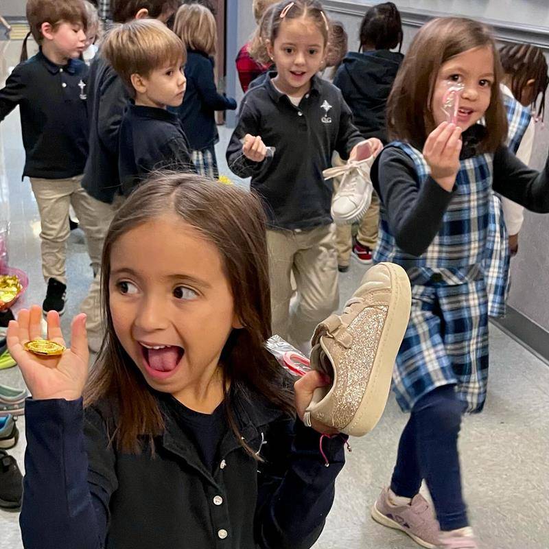The younger grades left one of their shoes in the hallway in hopes of receiving a present.