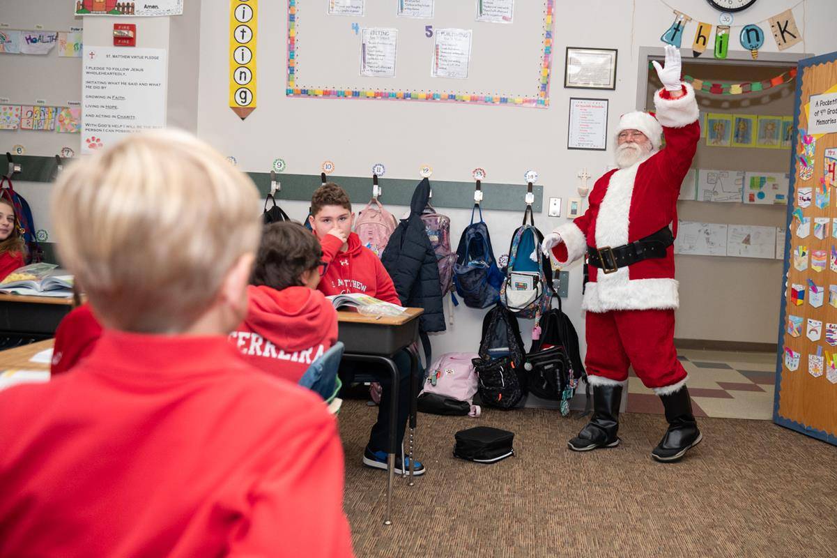 At St. Matthew School in Charlotte, students placed their shoes in the hallway and they were filled with treats by St. Nicholas, who also visited with the children, teaching them about the true story of his life.