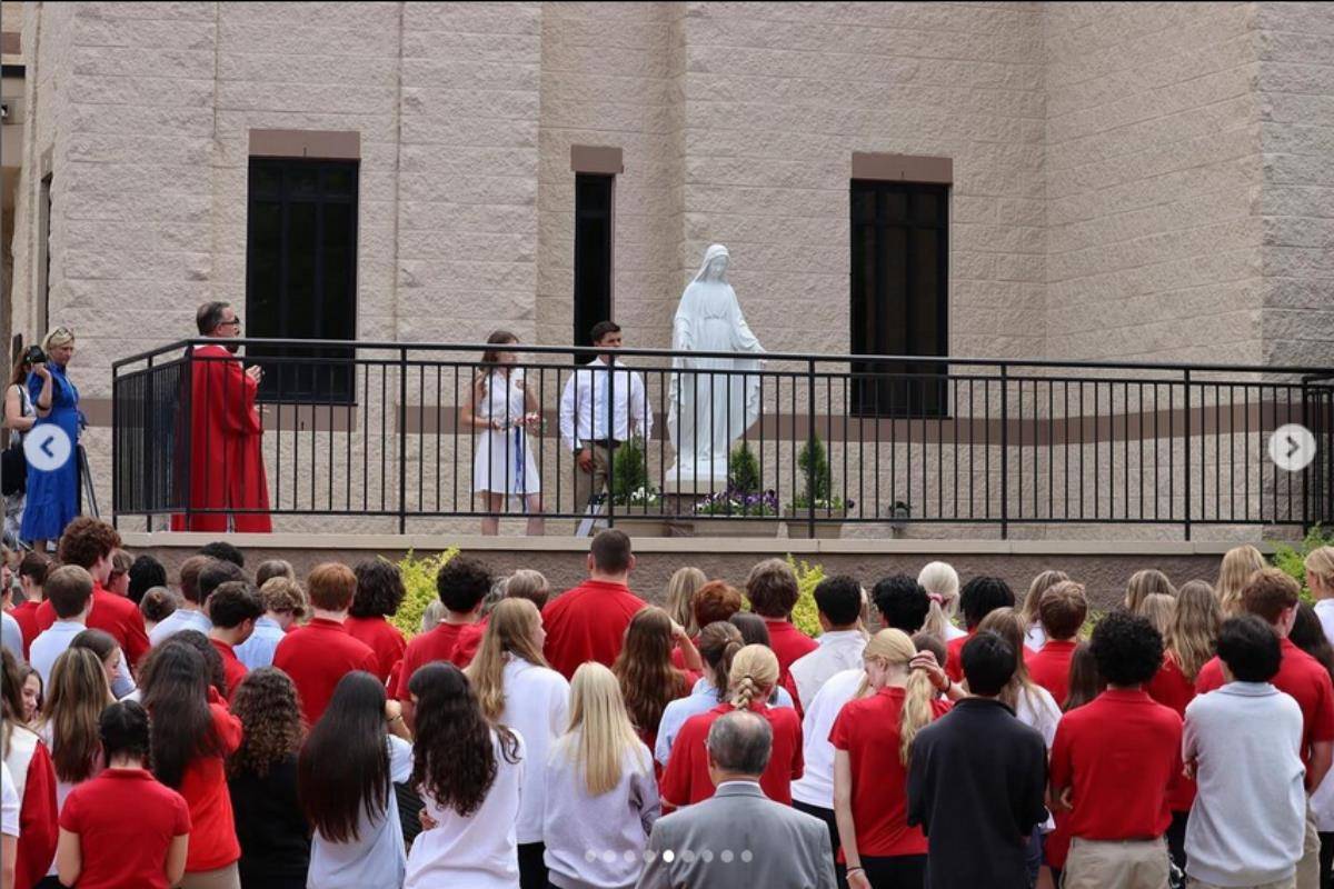 After Charlotte Catholic High School’s last all-school Mass of the school year, the seniors gathered to celebrate the annual tradition of May Crowning.