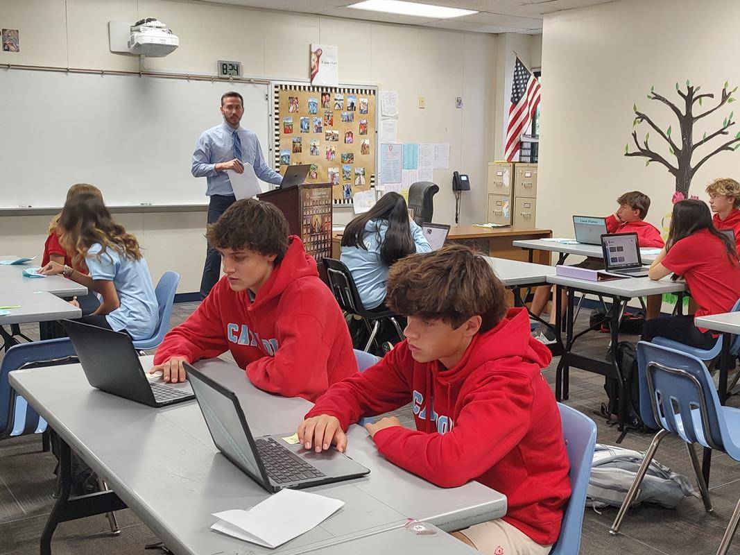 Students are getting settled in their classrooms on the first day of school at Charlotte Catholic High School.