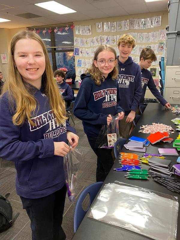 Celebrating Catholic School Week at Holy Trinity Middle School. Each grade performed a service project with the help of our generous PTO. Students supported Roof Above with giving socks, Bright Blessings with birthday bags and Boys and Girls Clubs of Char