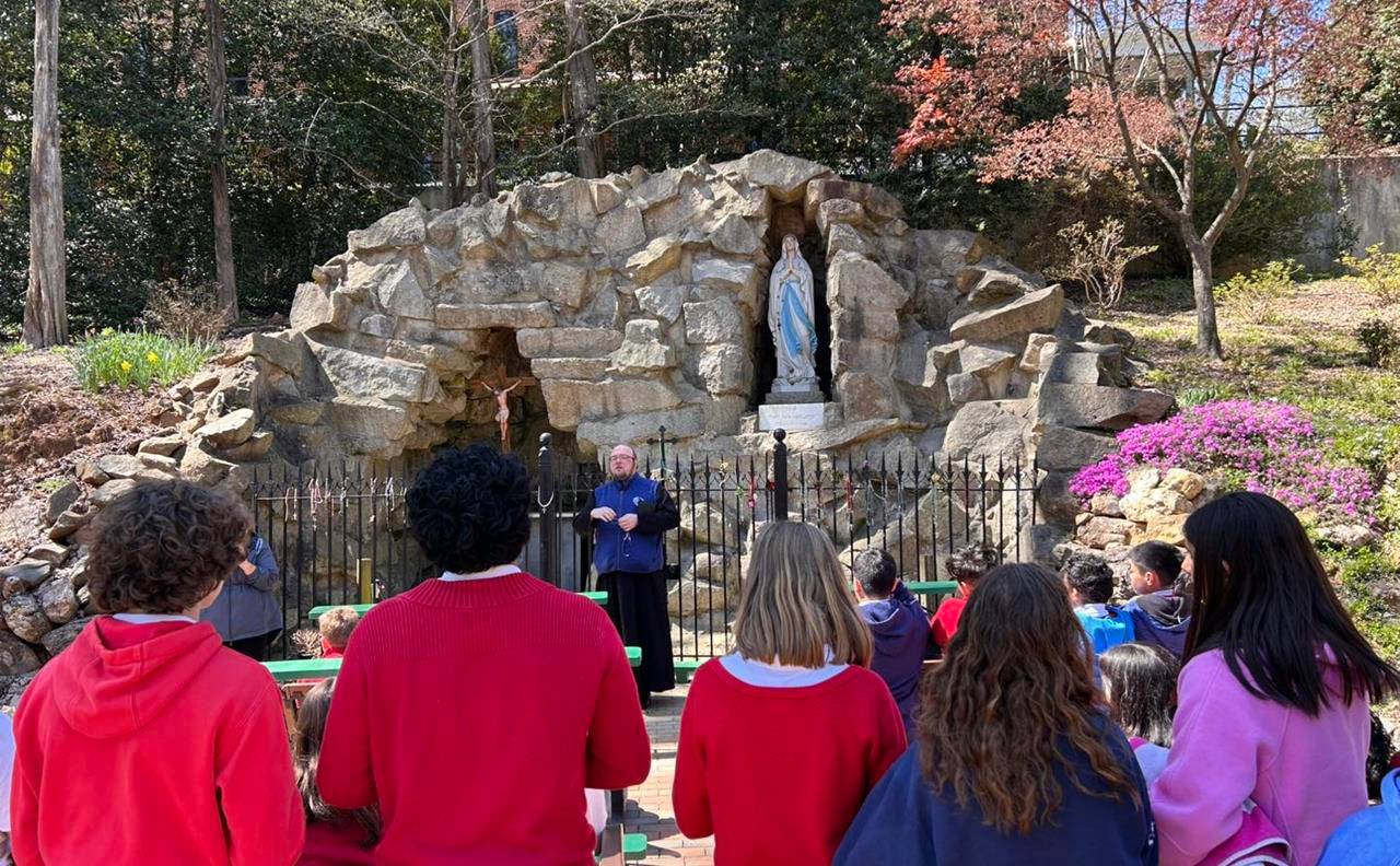  Father Cory Catron led Our Lady of Mercy middle schoolers on a pilgrimage to Mary, Help of Christians Basilica in Belmont for the feast of St. Benedict.